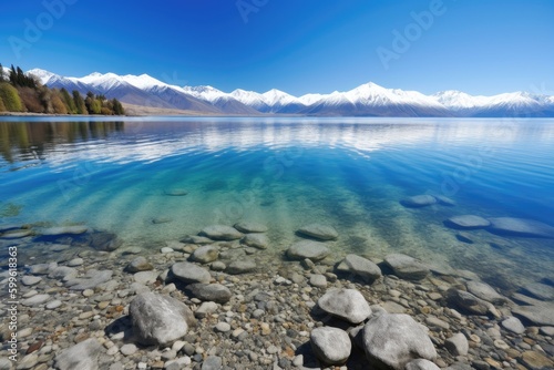 crystal-clear lake  with view of snow-capped mountain range and blue sky in the background  created with generative ai