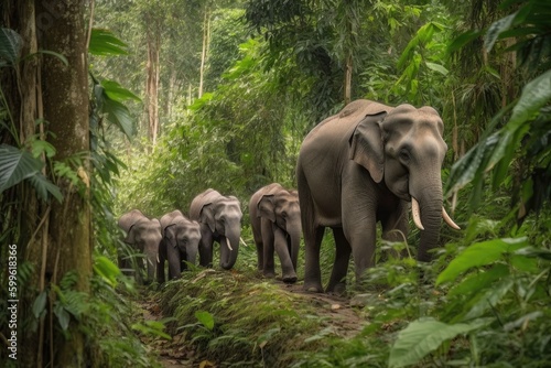 family of elephants, with mother and baby in the lead, moving through a lush forest, created with generative ai © Alfazet Chronicles