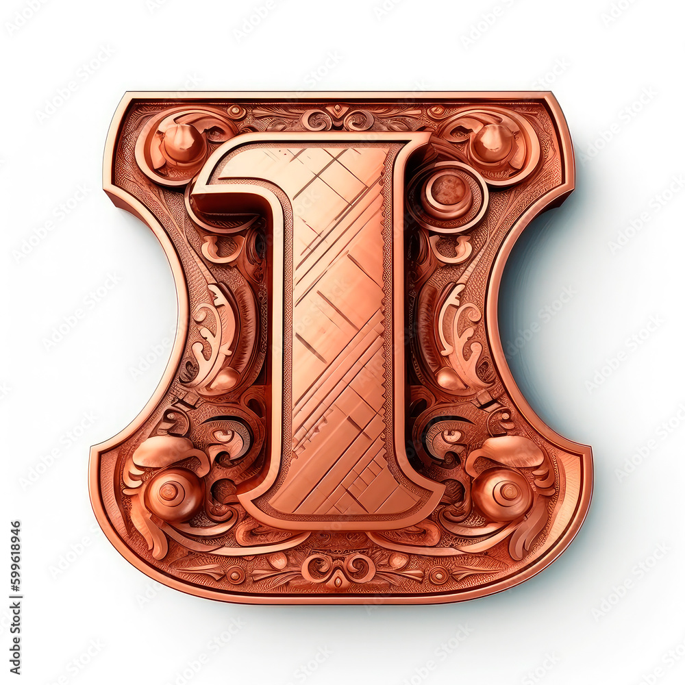 3d realistic Letter I of copper with ancient ornament