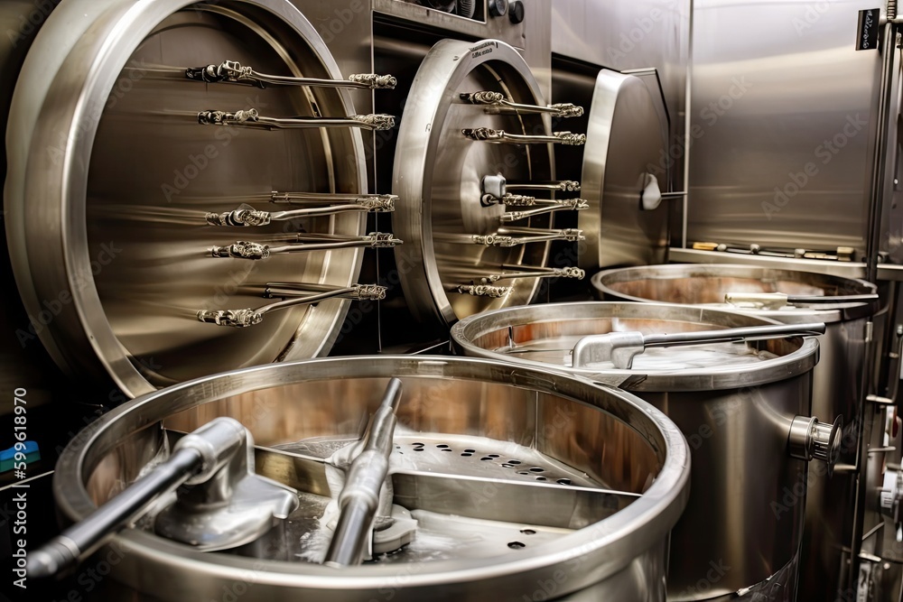 surgical instruments being sterilized in autoclave, with steam rising ...
