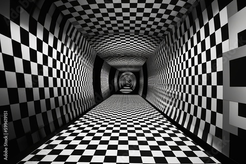 series of optical illusions and mind-bending visuals in black & white, created with generative ai