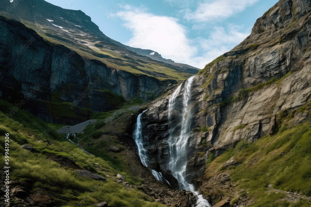 mountain vista with a waterfall, cascading down the side of the mountain, created with generative ai