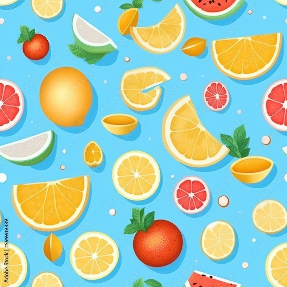 bright colored summer fruits and slices background seamless pattern