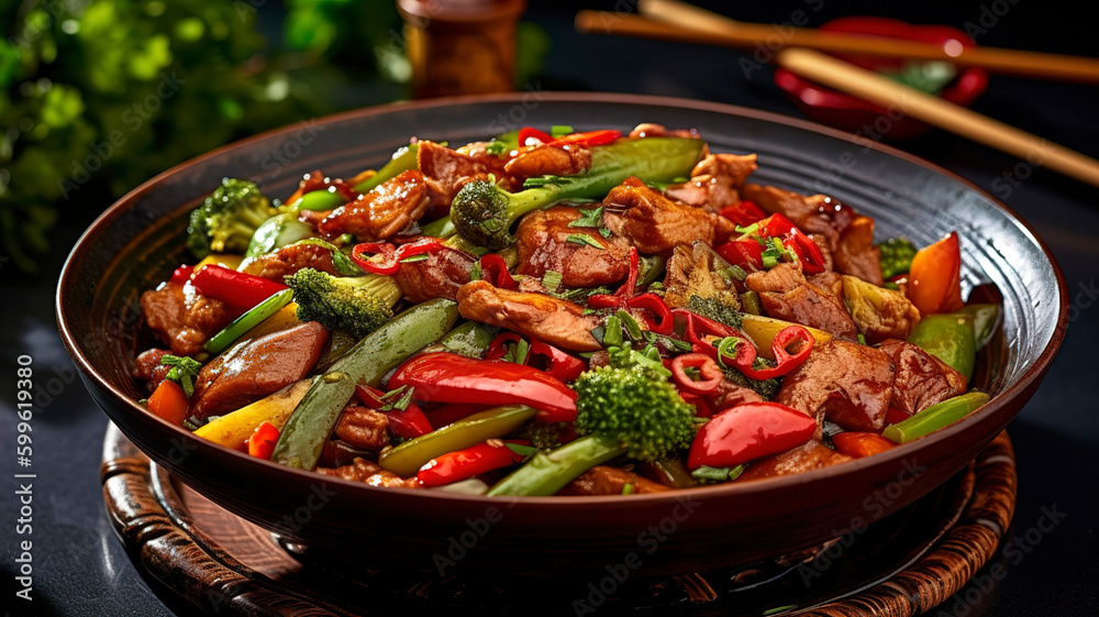 Delicious Chinese dish, featuring fried chopped pork with vegetables, presented in a visually appealing manner with rich details.