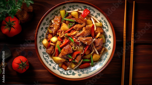 Delicious Chinese dish, featuring fried chopped pork with vegetables, presented in a visually appealing manner with rich details.