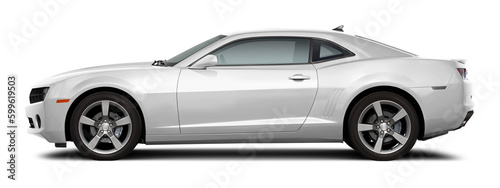 Modern powerful american muscle car in white color. Side view on a transparent background  in PNG format.
