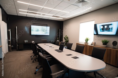 virtual conference room  equipped with video conferencing  audio conferencing  and other tools for professional business meetings  created with generative ai