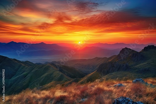 majestic mountain range with a sunrise  showcasing the vibrant colors of the sunrise and sky  created with generative ai