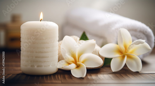 Spa composition massage herbal ball, plumeria flower in vase,coconut coffee soap,white towels and candle on white wood table background, AI Generative