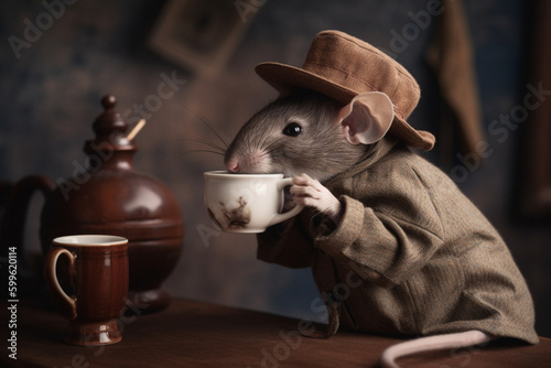 a mouse being a detective and drinking coffee | Generative Ai