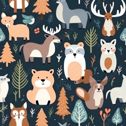 Wallpaper Mural cute animals and forest trees on black background seamless pattern Torontodigital.ca