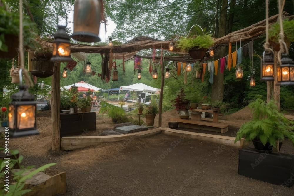 personalized campsite, with lanterns, lanterns and hanging plants, created with generative ai