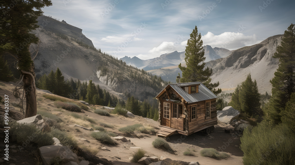 This captivating stock photo showcases a tiny house nestled in a rugged wilderness, with towering trees and rocky mountains in the background. This captivating stock photo showcases a tiny house nestled in a rugged wilderness, with towering trees and rocky mountains in the background.