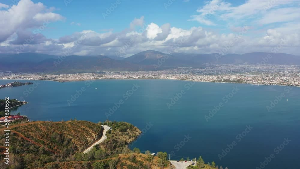 Aerial view of the yacht marina and the city of Fethiye, Mediterranean Sea, Turkey. Aerial view of the yacht marina and the city of Fethiye, Mediterranean Sea, Turkey.