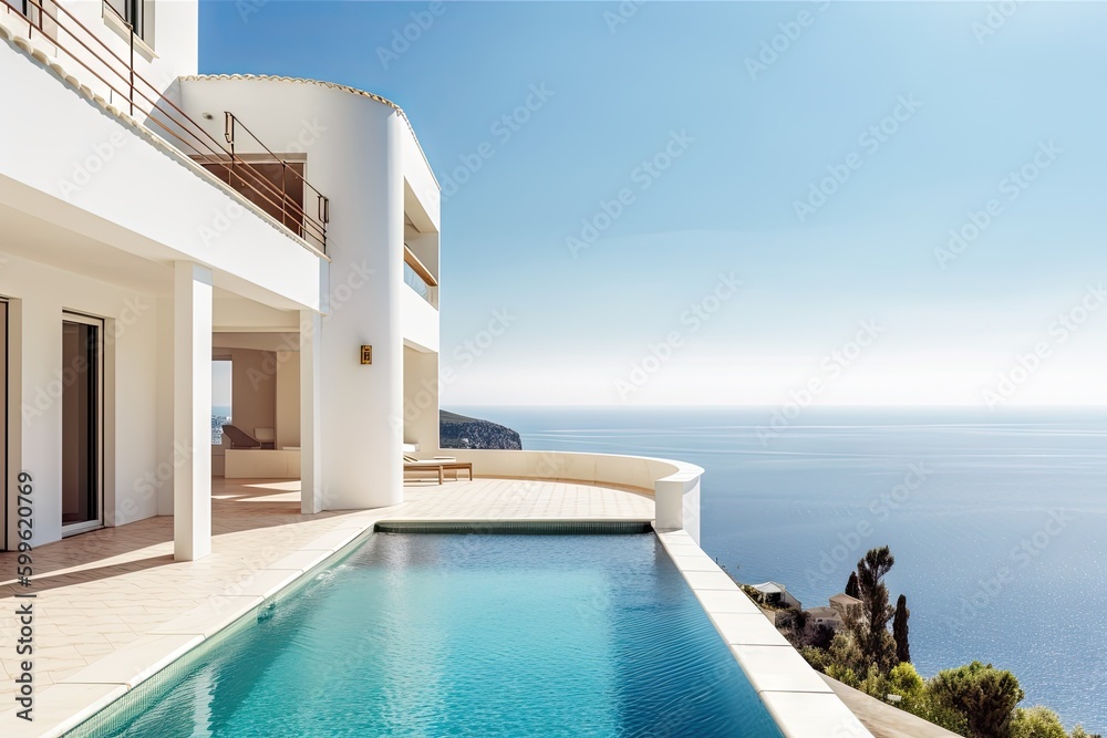 mediterrnean house exterior, with view of the sea or pool in the background, created with generative ai