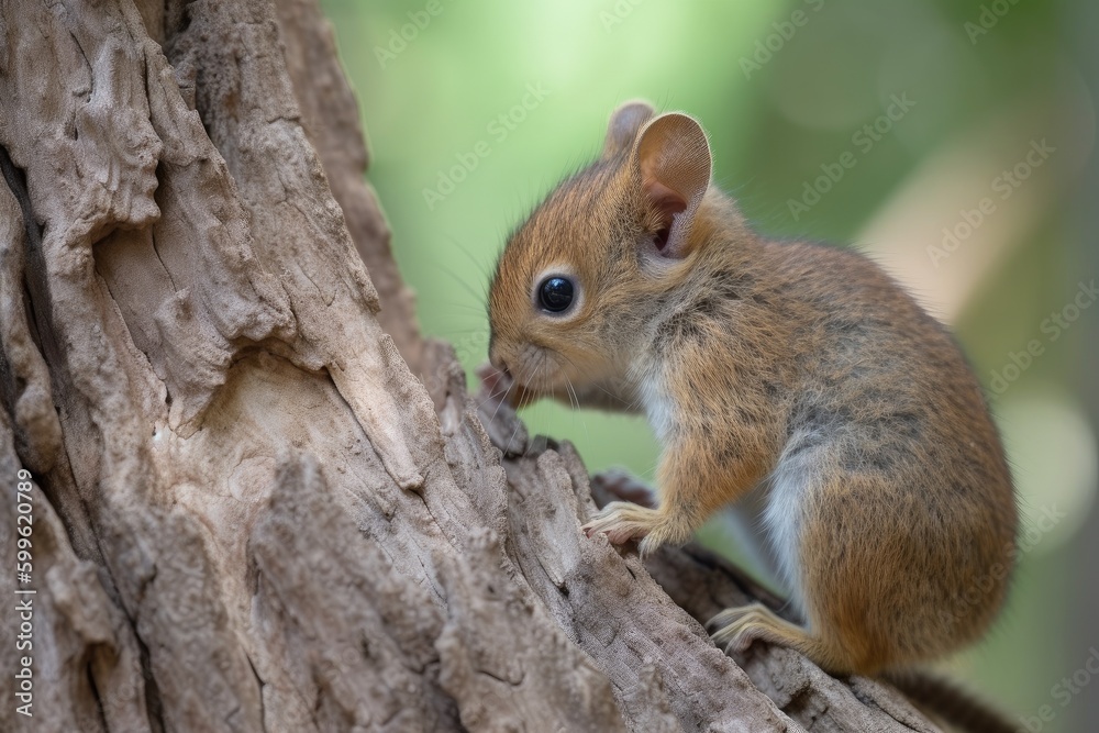 baby squirrel climbing tree trunk, its bushy tail visible, created with generative ai baby squirrel climbing tree trunk, its bushy tail visible, created with generative ai