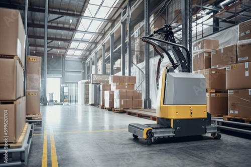 materials handling robot, loading box onto pallet, with view of busy warehouse visible in the background, created with generative ai © Alfazet Chronicles