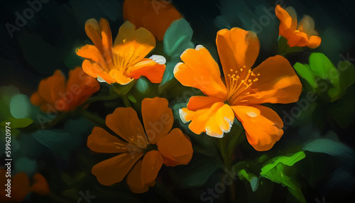 A painting of orange flowers with green leaves on the bottom, Generative AI 