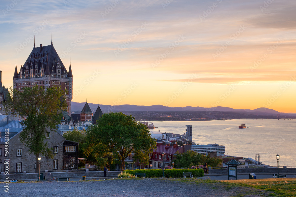 Quebec city's old town panorama at dawn, chateau Frontenac in the background, Canada