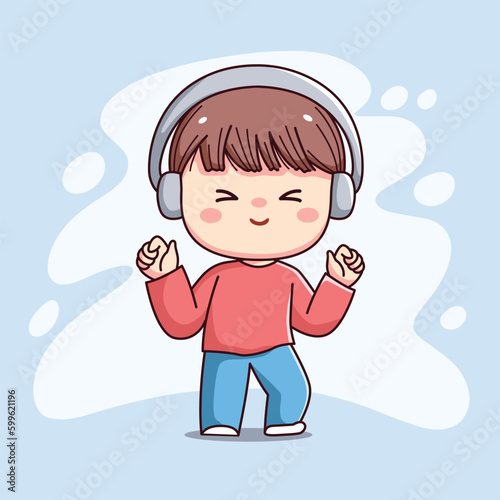 Cute happy boy with headphone listening music kawaii chibi flat outline cartoon character