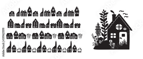 Quirky house with group of forest borders in vector motif organic style. Hand drawn whimsical linocut cityscape house for rural graphic.