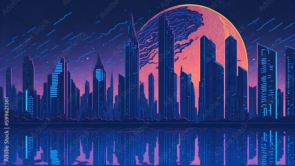 Ciudad futurística de neón por la noche