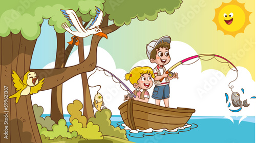 kids fishing cartoon  vector illustration