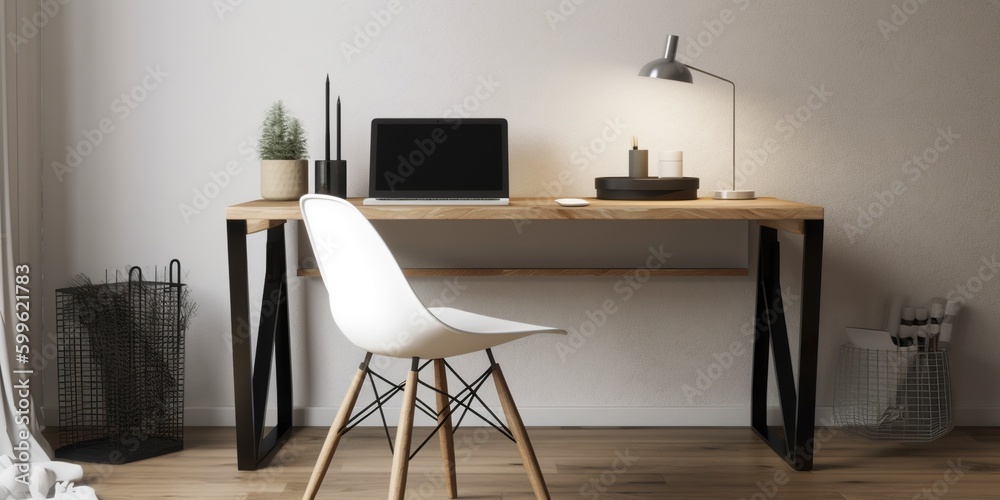 A minimalist home office with a sleek desk and ergonomic chair, concept of Efficiency, created with Generative AI technology A minimalist home office with a sleek desk and ergonomic chair, concept of Efficiency, created with Generative AI technology