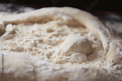 close-up of dough, with visible layers and flour dusting, created with generative ai