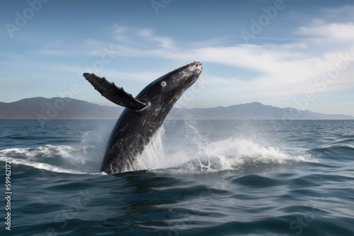 baby whale breaching in the ocean  its black skin shining against the water  created with generative ai