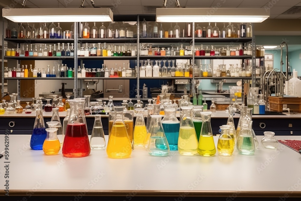 science lab with a variety of flasks and beakers for mixing chemical compounds, created with generative ai