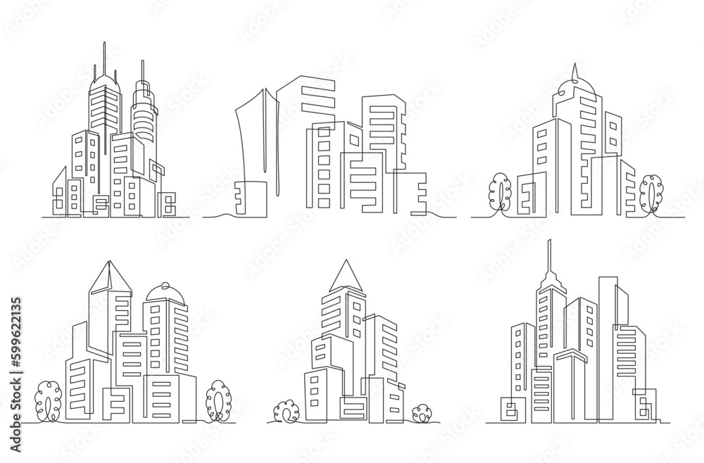 Modern city building skyscraper metropolis downtown continuous one line set isometric vector