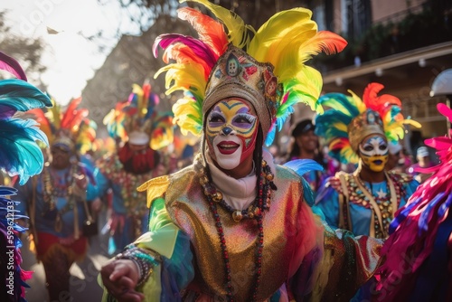 mardi gras parade, with colorful costumes and masks, dancing in the streets, created with generative ai