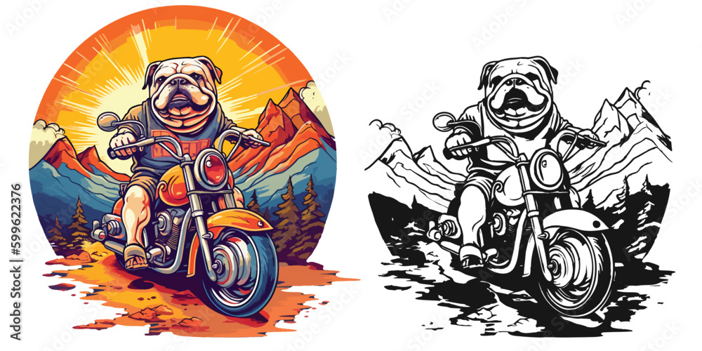 A bulldog riding a motorcycle on a winding mountain road.Illustration of T-shirt design graphic.