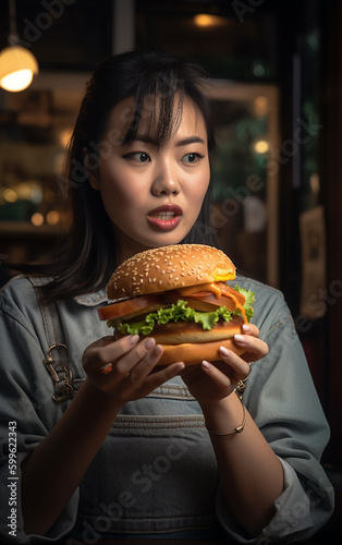 The girl eats a hamburger. Generative AI