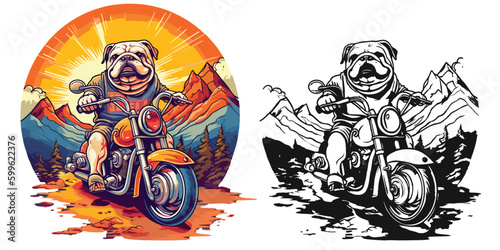 A bulldog riding a motorcycle on a winding mountain road.Illustration of T-shirt design graphic.