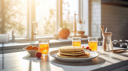 A pancake breakfast plate in a wide shot of a beautiful modern kitchen with beautiful morning light coming in from the large windows, AI Generative