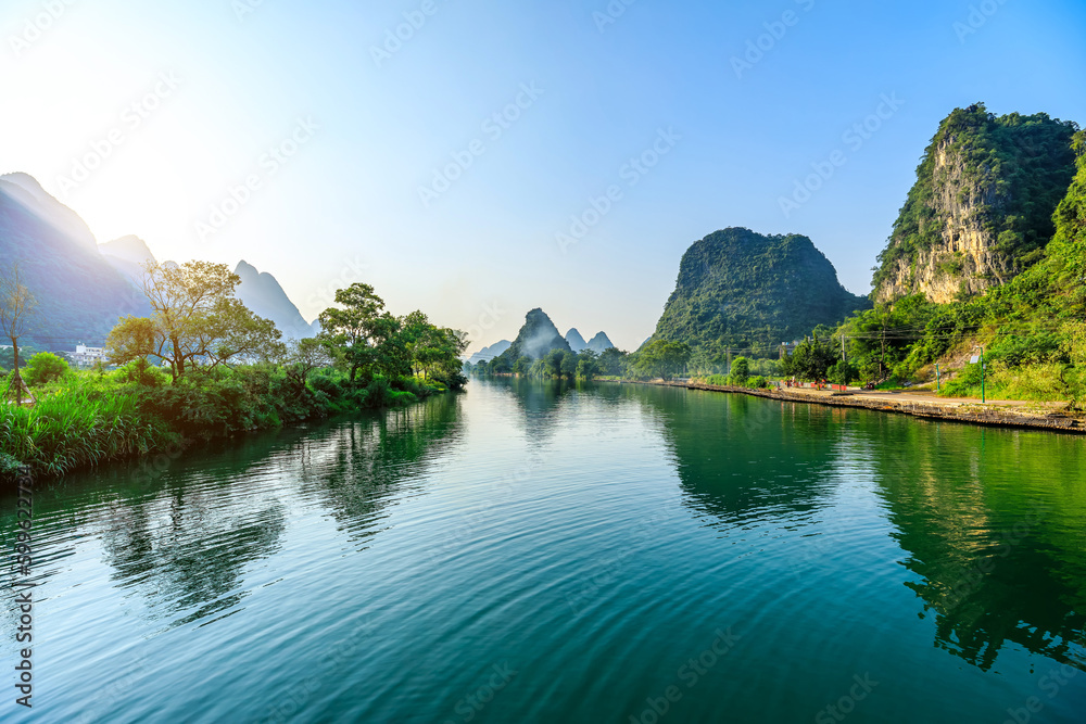 Naklejka premium Landscape of Guilin, Li River and Karst mountains. Located near Yangshuo, Guilin, Guangxi, China.