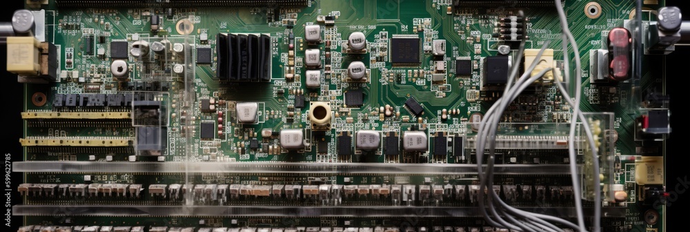 A detailed image of a circuit board, with its intricate network of wires and components1, concept of Electronic connections, created with Generative AI technology A detailed image of a circuit board, with its intricate network of wires and components1, concept of Electronic connections, created with Generative AI technology