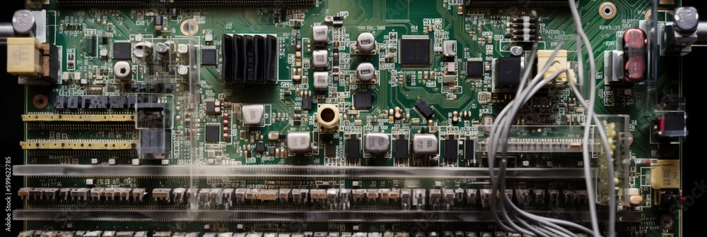 A detailed image of a circuit board, with its intricate network of wires and components1, concept of Electronic connections, created with Generative AI technology