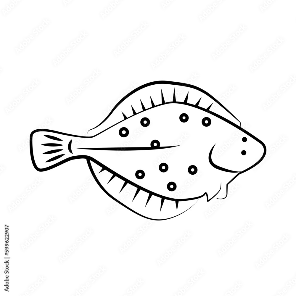 Flatfish(halibut, plaice). Vector demersal fish living at bottom of