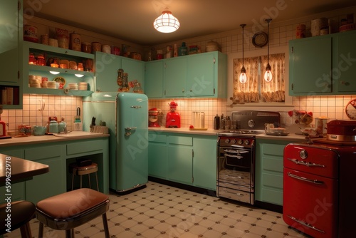 lofie kitchen, with retro appliances and vintage decor, created with generative ai