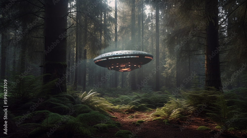 Unidentified flying object landing in a forest. Generative AI. Unidentified flying object landing in a forest. Generative AI.