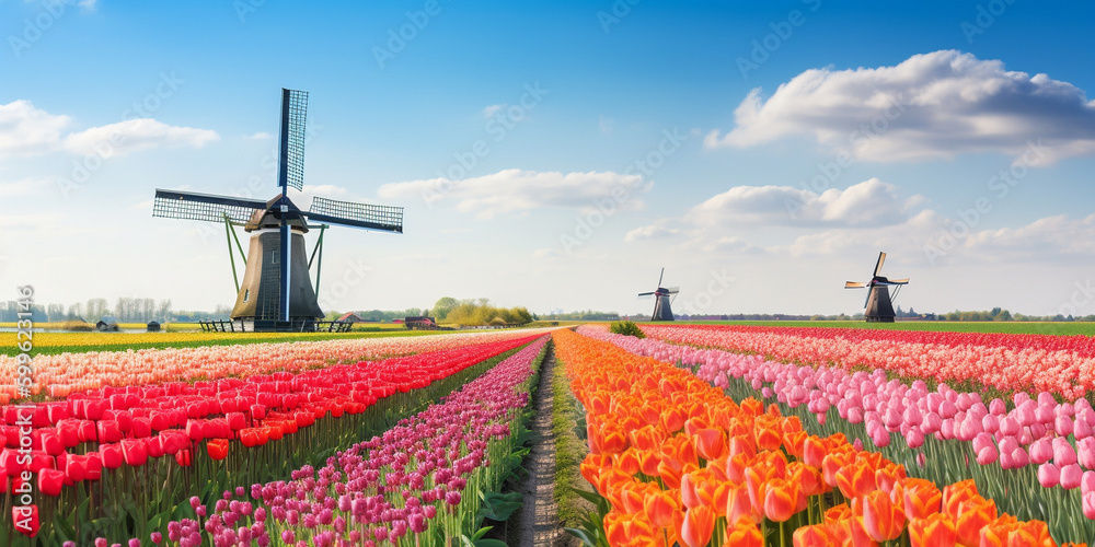 Illustrations of traditional dutch windmills in a field of tulips. Generative AI.