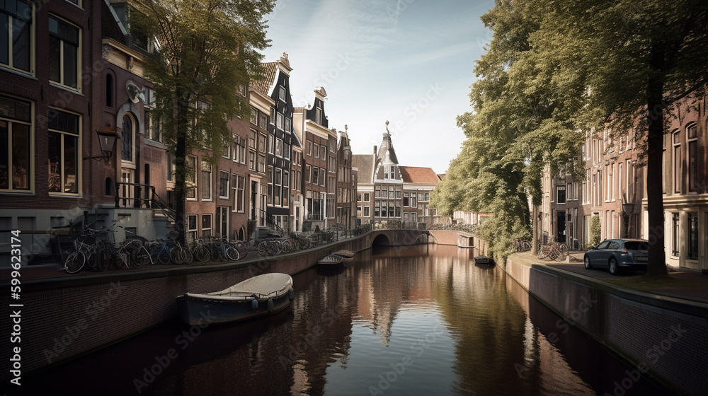 Illustration of canals in a traditiona Dutch city Generative AI.