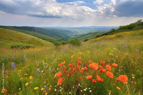 landscape with rolling hills and vibrant wildflowers  created with generative ai