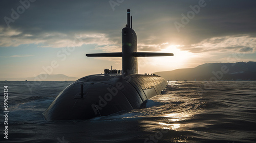 Illustration of a nuclear powered submarine cruising on the ocean. Generative AI. 