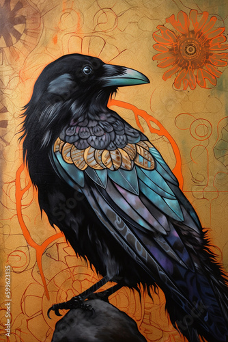 Indigenous style illustration of a raven. Generative AI. photo