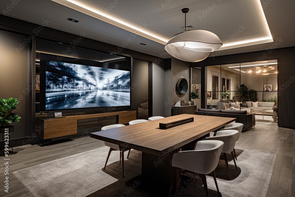 video conference on large screen with view of modern living room and surround sound, created with generative ai video conference on large screen with view of modern living room and surround sound, created with generative ai