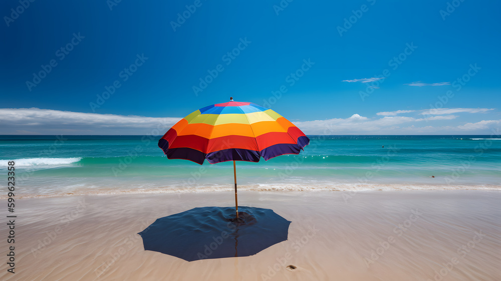A vibrant and colorful beach umbrella stands tall on a pristine sandy beach with the clear blue ocean waves in the background, capturing the essence of a perfect summer day.